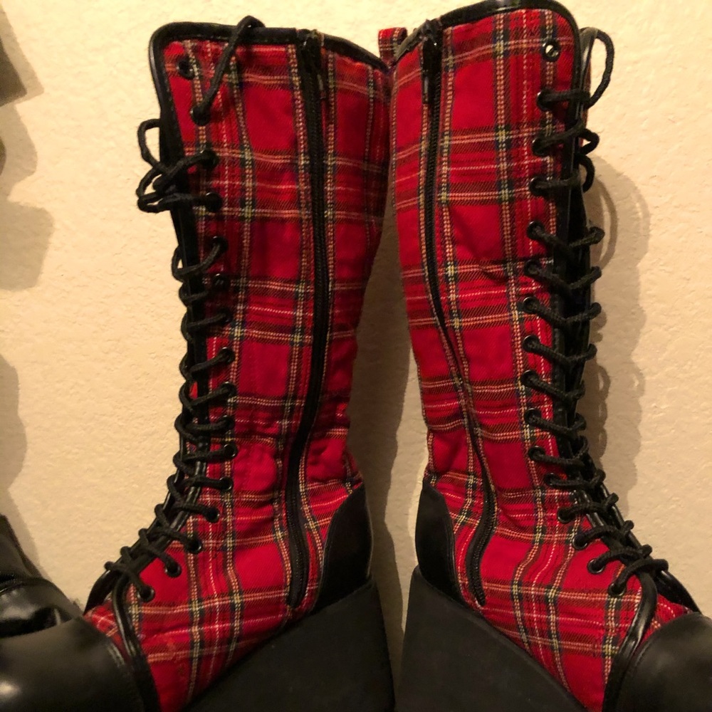 DEMONIA SCENE Punk Lace-up Plaid Boots